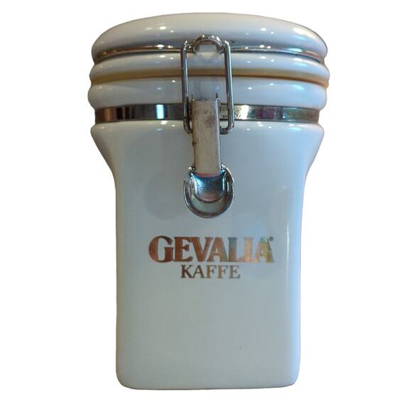 Gevalia Kaffe White & Gold Coffee Tea Ceramic Canister Airtight Hinge Lock 7.5" - Picture 1 of 9